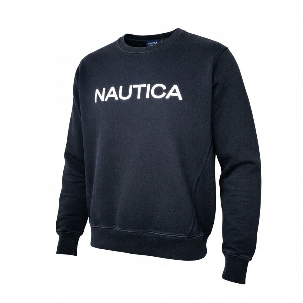 Nautica Men's Pullover Crewneck Navy With White Embroidered Logo Fleece